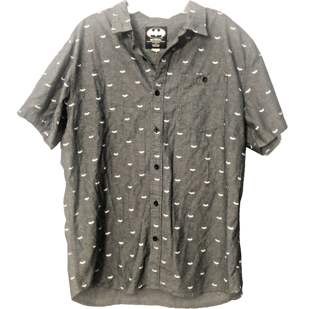 Batman DC Comic Men’s Short Sleeve Button Up Logo Shirt Size XL Gray Black